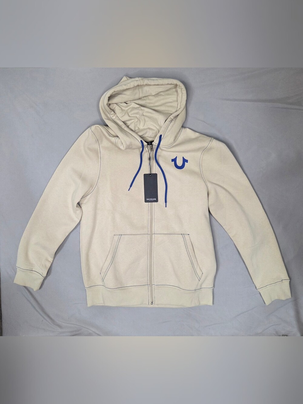 True Religion Men’s Large Fog Beige Zip Hoodie NWT – Buddha Graphic